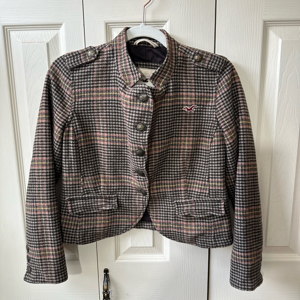 Vintage Hollister Cropped Wool Blend Houndstooth Bomber Jacket Women’s Size XS
